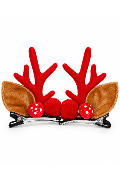 Generic Brand Set of 2 Christmas hair clips, reindeer pattern, red and brown