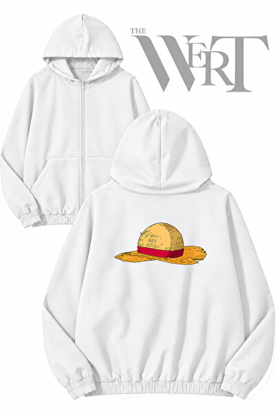 THEWERT سترة بيضاء بقلنسوة وسحاب مطبوعة من الخلف من One Piece Straw Hat (خيطان)