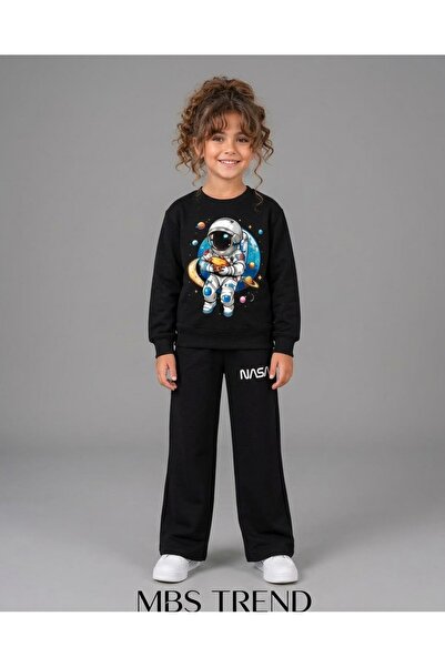 Kids Winter Girls' Black Astronaut and Nasa Detailed Two-Piece Tracksuit Set