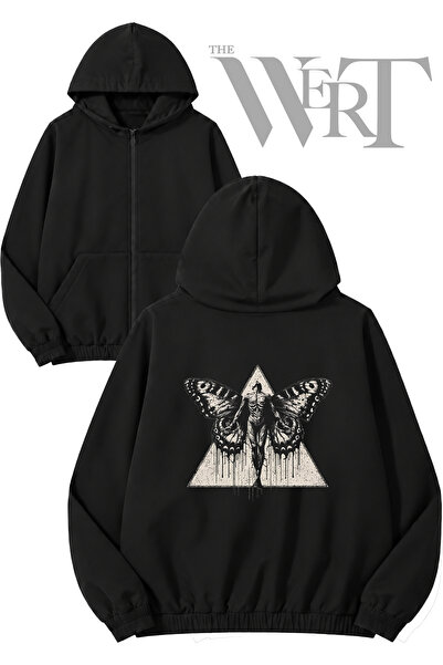 THEWERT Cardigan negru cu glugă și fermoar, imprimat pe spate, Butterfly Man ...