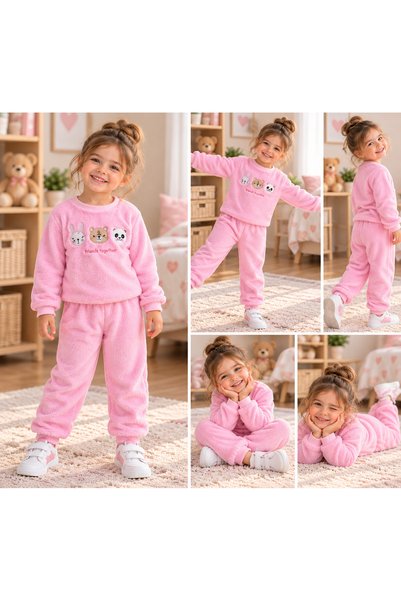 SERPİL Kız Çocuk Peluş Pijama Takımı Sevimli Hayvan Figürlü Alt Üst Takım