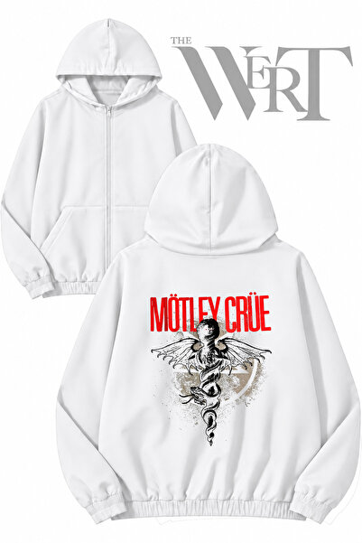 THEWERT سترة بيضاء بقلنسوة وسحاب وطباعة على الظهر من Motley Crue Snake (2 خيط)