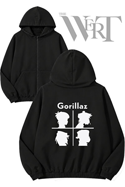 THEWERT Gorillaz Faces Back Printed Zippered Hooded Black Cardigan (2 Yarns)