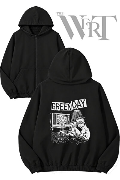 THEWERT كارديجان أسود بسحّاب وطباعة خلفية من Green Day Tv (خيطان)