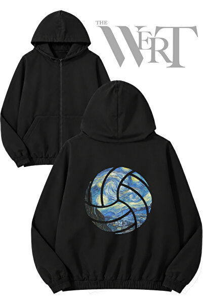THEWERT Volleyball 3 Back Printed Zippered Hooded Black Cardigan (2 Yarn)