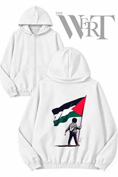 THEWERT سترة فلسطين 2 بيضاء بقلنسوة وسحاب وطبعة خلفية (خيطان)
