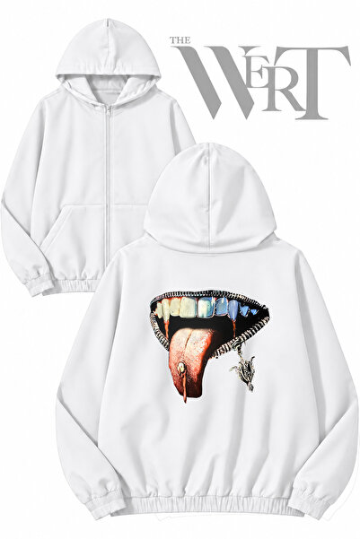 THEWERT Silver Lip Back Print Zippered Hooded White Cardigan (2 Yarns)