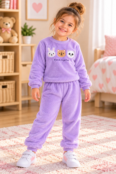 SERPİL Girl's Plush Pajama Set with Cute Animal Figures - Top and Bottom Set
