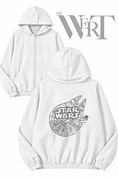 THEWERT Spacecraft Back Printed Zippered Hooded White Cardigan (2 Yarns)