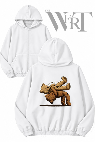 THEWERT Bear Fight Back Printed Zippered Hooded White Cardigan (2 Yarns)