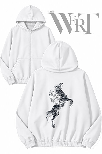 THEWERT Cowboy and Horse Back Printed Zippered Hooded White Cardigan (2 Yarns)