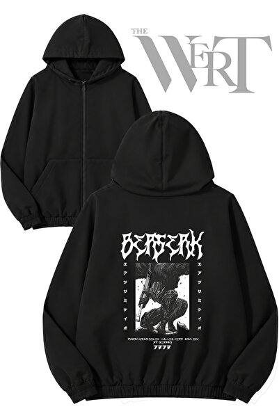 THEWERT سترة سوداء بقلنسوة وسحاب مطبوعة من الخلف من Berserk Anime (2 خيط)
