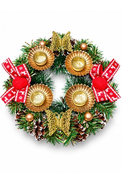 Generic Brand Coroniță decorativă de Crăciun, 20 cm, cu 4 suporturi pentru lumânări, funde roșii și ornamente aurii