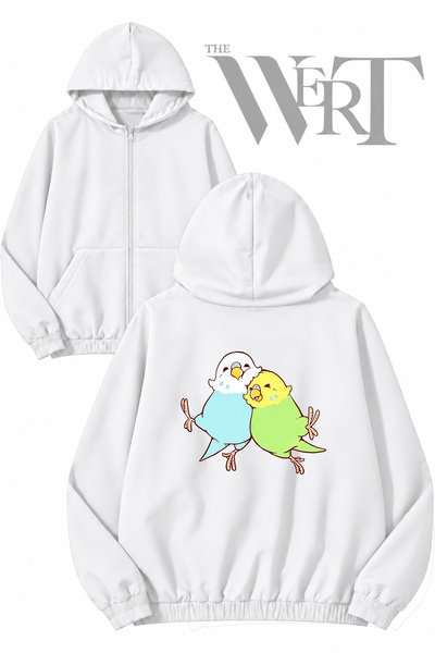 THEWERT Muhabbet Kuşu 3 Back Printed Zippered Hooded White Cardigan (2 Yarns)