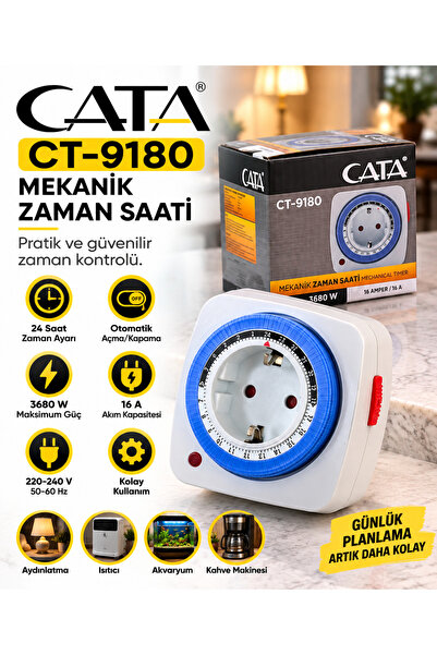Cata CT-9180 Mekanik Zaman Ayarlı Priz 16A 3680W 24 Saat Programlanabilir Zam...