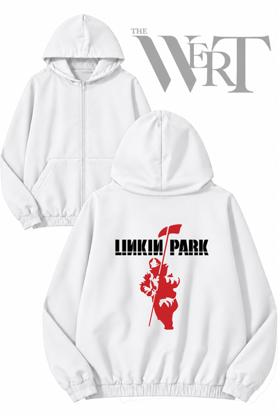 THEWERT كارديجان أبيض بسحّاب وطباعة خلفية من Pegatinas Linkin Park (خيطان)