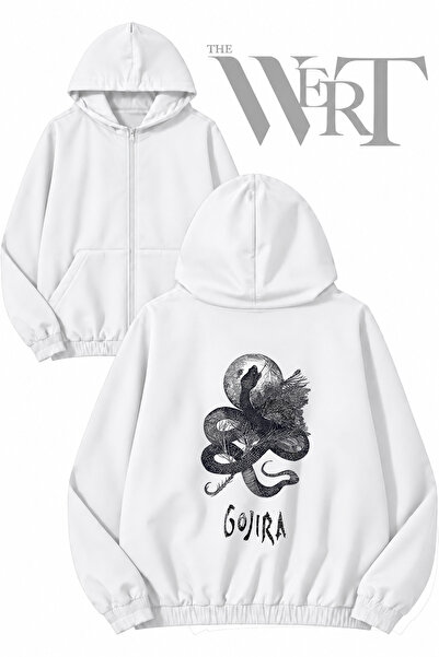 THEWERT Gojira Snake Back Print Zippered Hooded White Cardigan (2 Yarns)