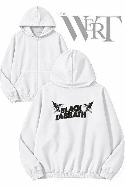 THEWERT Black Sabbath Two Angels Back Print Zippered Hooded White Cardigan (2...