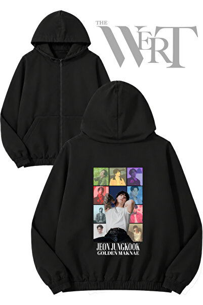 THEWERT Cardigan negru cu glugă și fermoar, imprimat pe spate, Bts Jungkook (...