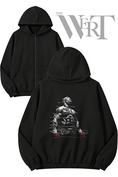 THEWERT Mike Tyson 1 Back Printed Zippered Hooded Black Cardigan (2 Yarns)