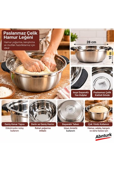 abnturk 3L Paslanmaz Çelik Çok Amaçlı Kulplu Hamur ve Yemek Hazırlama Leğeni ...