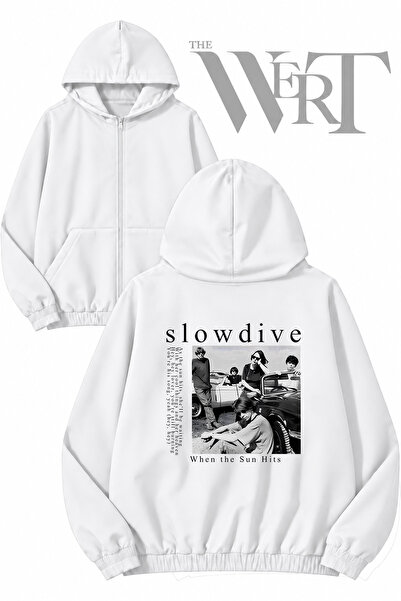 THEWERT Slowdive 1 Back Printed Zippered Hooded White Cardigan (2 Yarns)