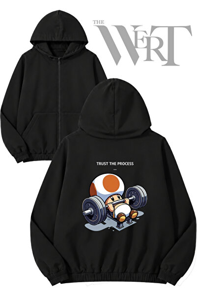 THEWERT Mantar Gym Back Printed Zippered Hooded Black Cardigan (2 Yarns)