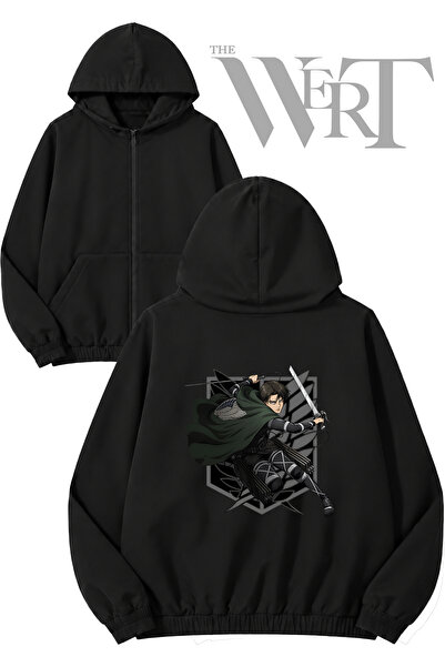 THEWERT Attack on Titan Levi Dark Back Printed Zippered Hooded Black Cardigan...