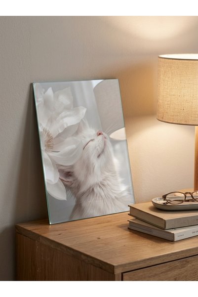 Lui Tasarım Tempered Glass Table White Cat and Flower Bohemian, Nordic Style ...