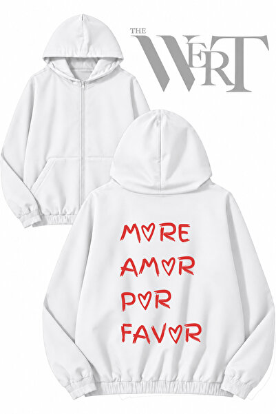 THEWERT سترة بيضاء بقلنسوة وسحاب وطباعة على الظهر من More Amor Por Favor (2 خيط)