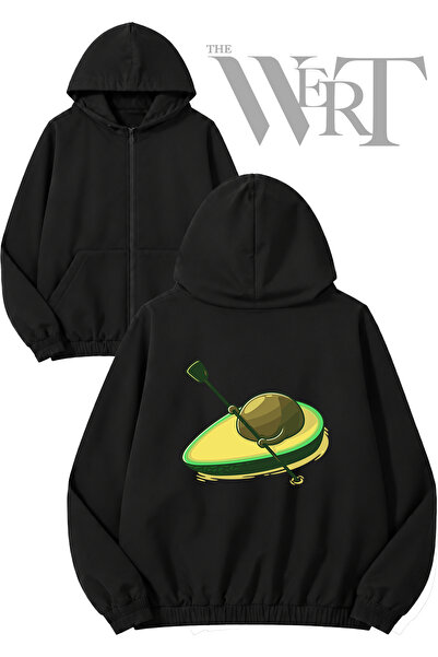 THEWERT Floating Avocado Back Printed Zippered Hooded Black Cardigan (2 Yarns)