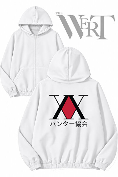 THEWERT سترة بيضاء بقلنسوة وسحاب مطبوع عليها شعار Hunter X Hunter (2 خيط)