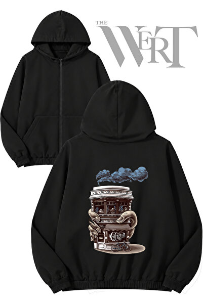 THEWERT Cup Coffee Shop Back Printed Zippered Hooded Black Cardigan (2 Yarns)