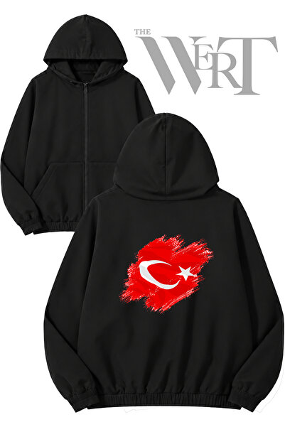 THEWERT Turkey Flag Back Printed Zippered Hooded Black Cardigan (2 Yarns)