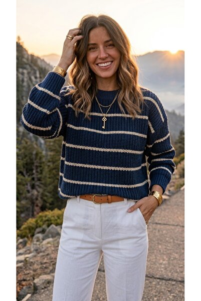 İLMERA pulover oversize cu dungi, tricotat, cu guler rotund, albastru marin p...