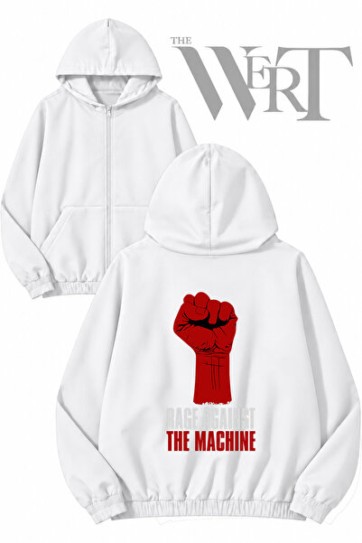 THEWERT سترة بيضاء بقلنسوة وسحاب وطباعة على الظهر من Rage Against The Machine...
