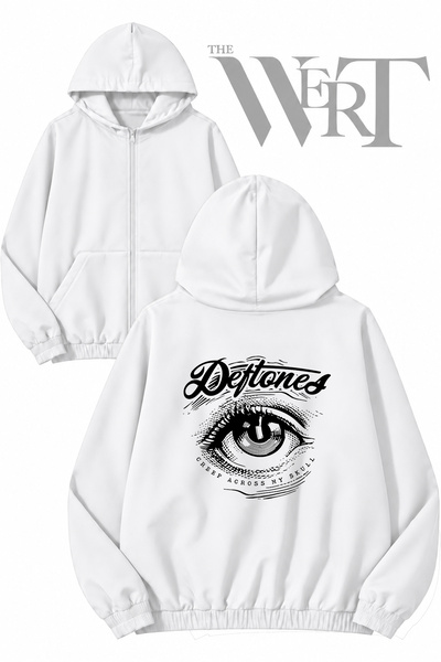 THEWERT كارديجان أبيض بقلنسوة وسحاب من الخلف مطبوع عليه Deftones 3 (خيطان)