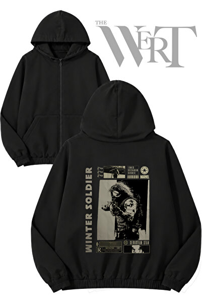 THEWERT Winter Soldier Back Printed Zippered Hooded Black Cardigan (2 Yarns)
