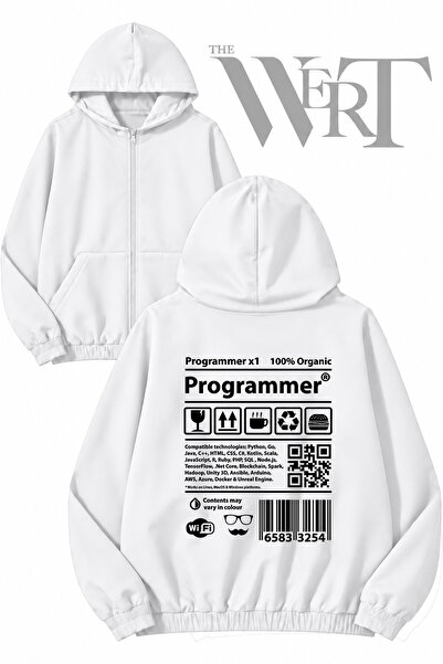 THEWERT Cardigan alb cu glugă și fermoar, imprimat pe spate, pentru programat...