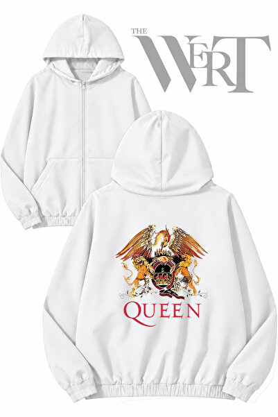 THEWERT Queen Back Printed Zippered Hooded White Cardigan (2 Yarns)