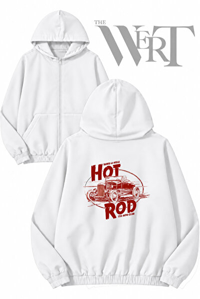 THEWERT سترة بيضاء بقلنسوة وسحاب مطبوعة من Hot Rod Car (2 خيط)
