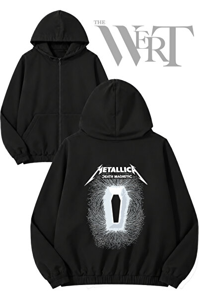 THEWERT Cardigan negru cu glugă și fermoar, imprimat pe spate, Metallica Magn...