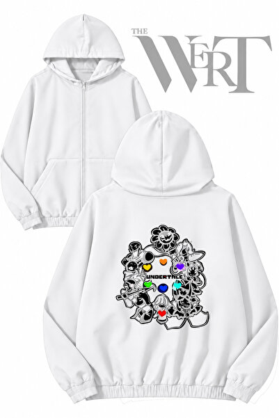 THEWERT Cardigan alb cu glugă și fermoar, imprimat pe spate Undertale Game 1 ...