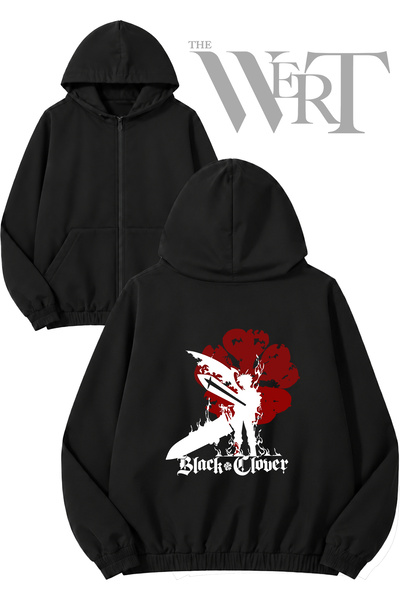 THEWERT Black Clover Back Printed Zippered Hooded Black Cardigan (2 Yarns)