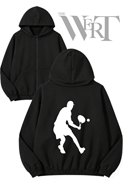 THEWERT Cardigan negru cu glugă și fermoar, imprimat pe spate, Tennis 6 (2 fire)