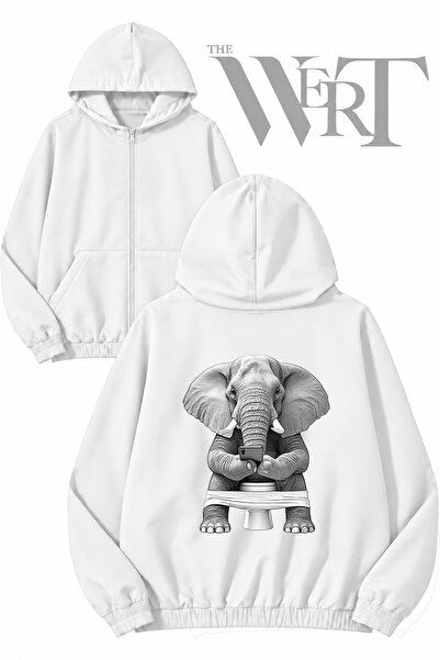 THEWERT Elephant Toilet Back Printed Zippered Hooded White Cardigan (2 Yarns)