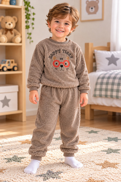 SERPİL Boy's Plush Fleece Set Happy Tiger Patterned Winter Pajama Set