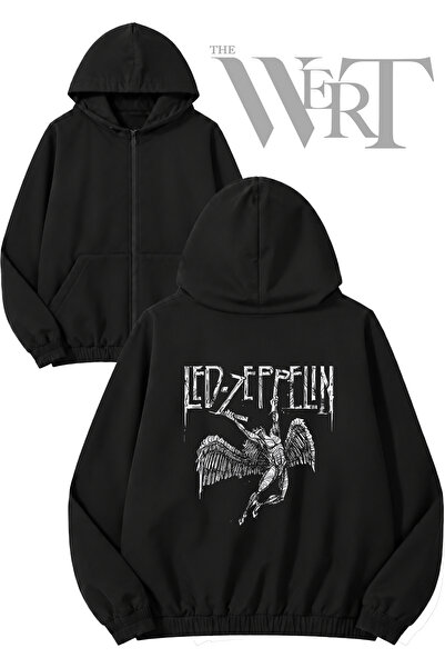 THEWERT Led Zeppelin Angel Back Printed Zippered Hooded Black Cardigan (2 Yarns)