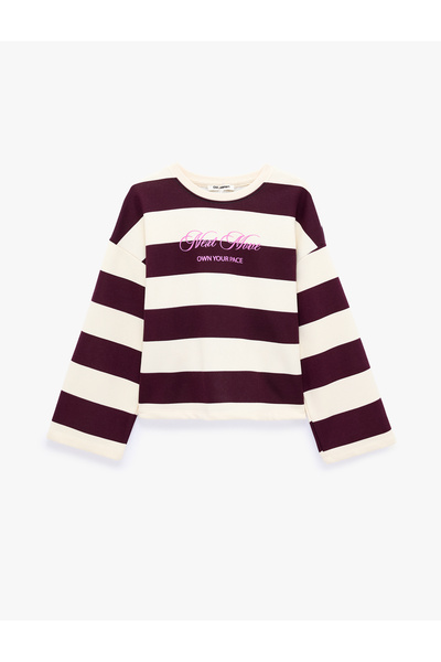 Koton Rahat Kalıp Uzun Kollu Bisiklet Yaka Arkası Baskılı Çizgili Sweatshirt