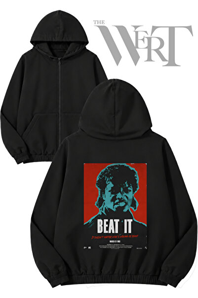 THEWERT Черен кардиган с качулка и цип, с принт  "Beat It " на Майкъл Джексън...